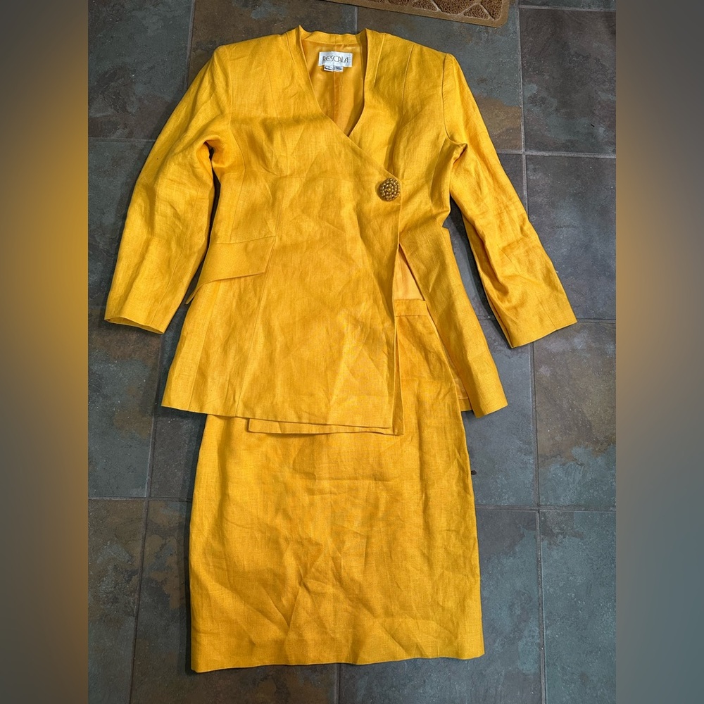 Vintage 80s Rescala 100% Linen Yellow Skirt Suit Set Shoulder Pads Size 8